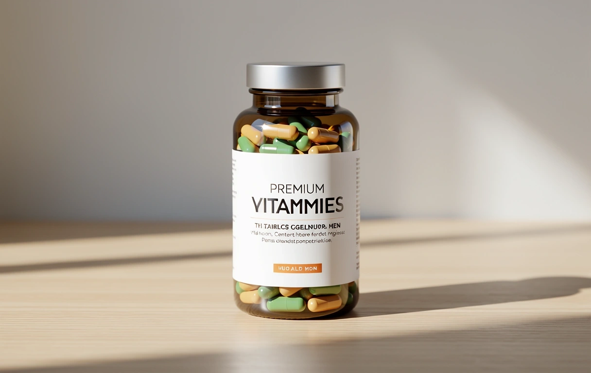 Premium vitamins for men on a minimalist surface